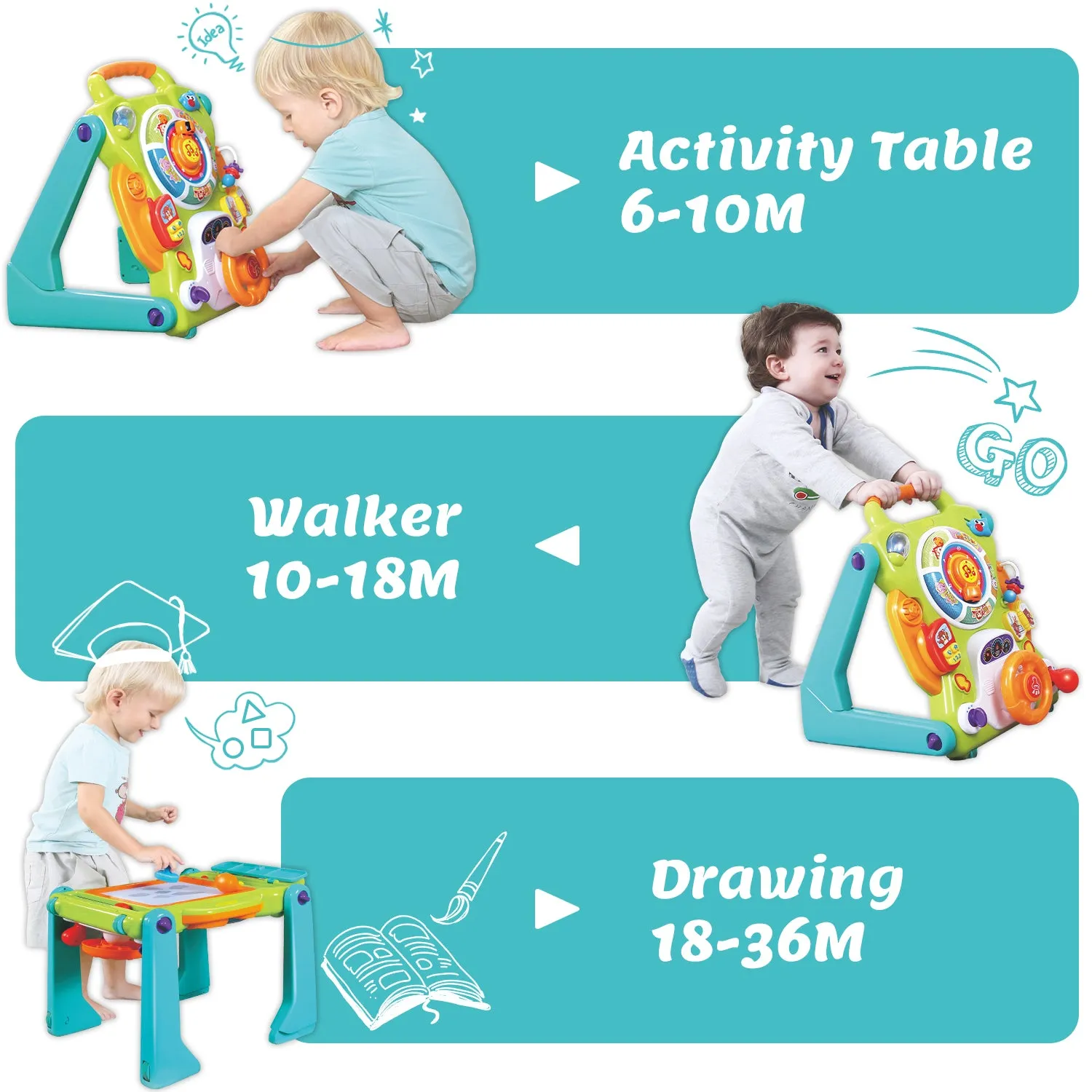 3-in-1-Babywalker – Vom Sitzen zum Stehen – Musikalischer Spieltisch für Babys