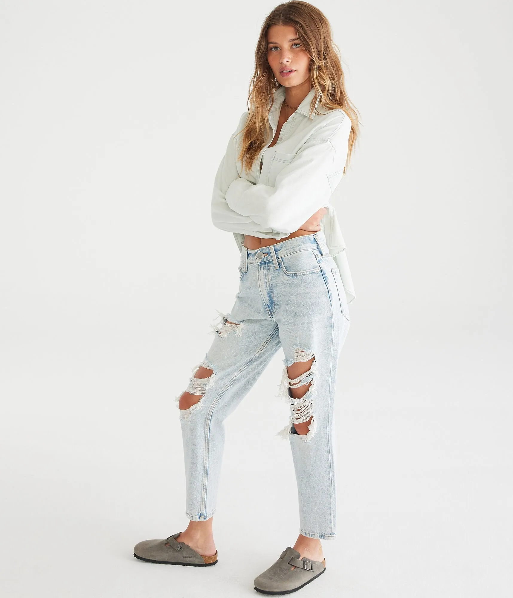 Aeropostale Damen High-Rise Mom Jeans - Blau - Größe 12 R - Baumwolle - Teenager-Mode & Bekleidung Light Wash Aeropostale