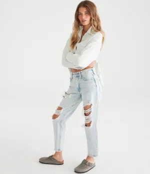 Aeropostale Damen High-Rise Mom Jeans - Blau - Größe 12 R - Baumwolle - Teenager-Mode & Bekleidung Light Wash Aeropostale