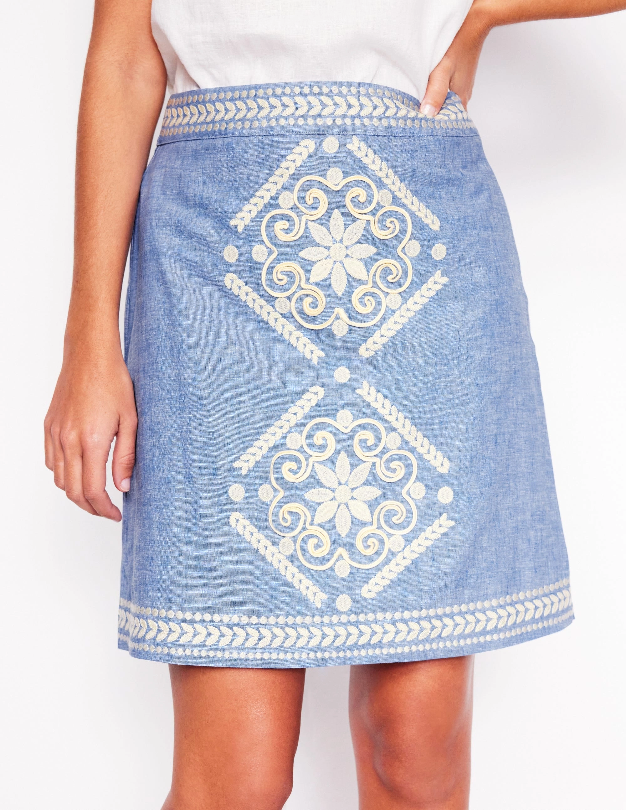 Aline Embroidered Linen Skirt-Grey Blue Chambray
