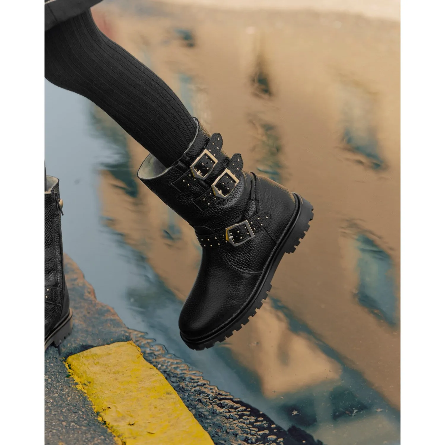 Angulus Black Tex Stiefel mit Nieten, Schnallen und Reißverschluss