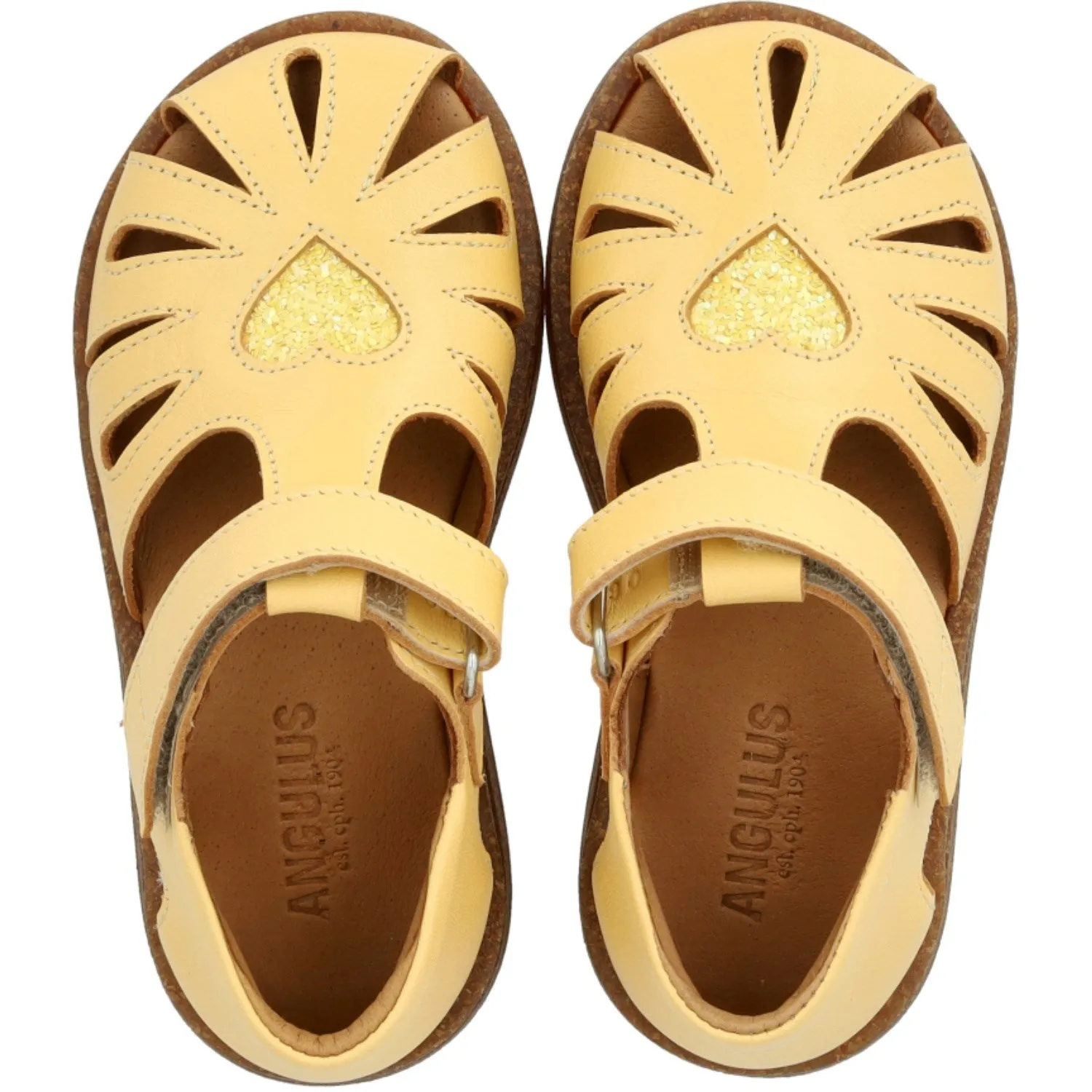 Angulus Mellow Yellow/Ananas Glitzer Leder Herz Sandale mit funkelndem Glitzerherz