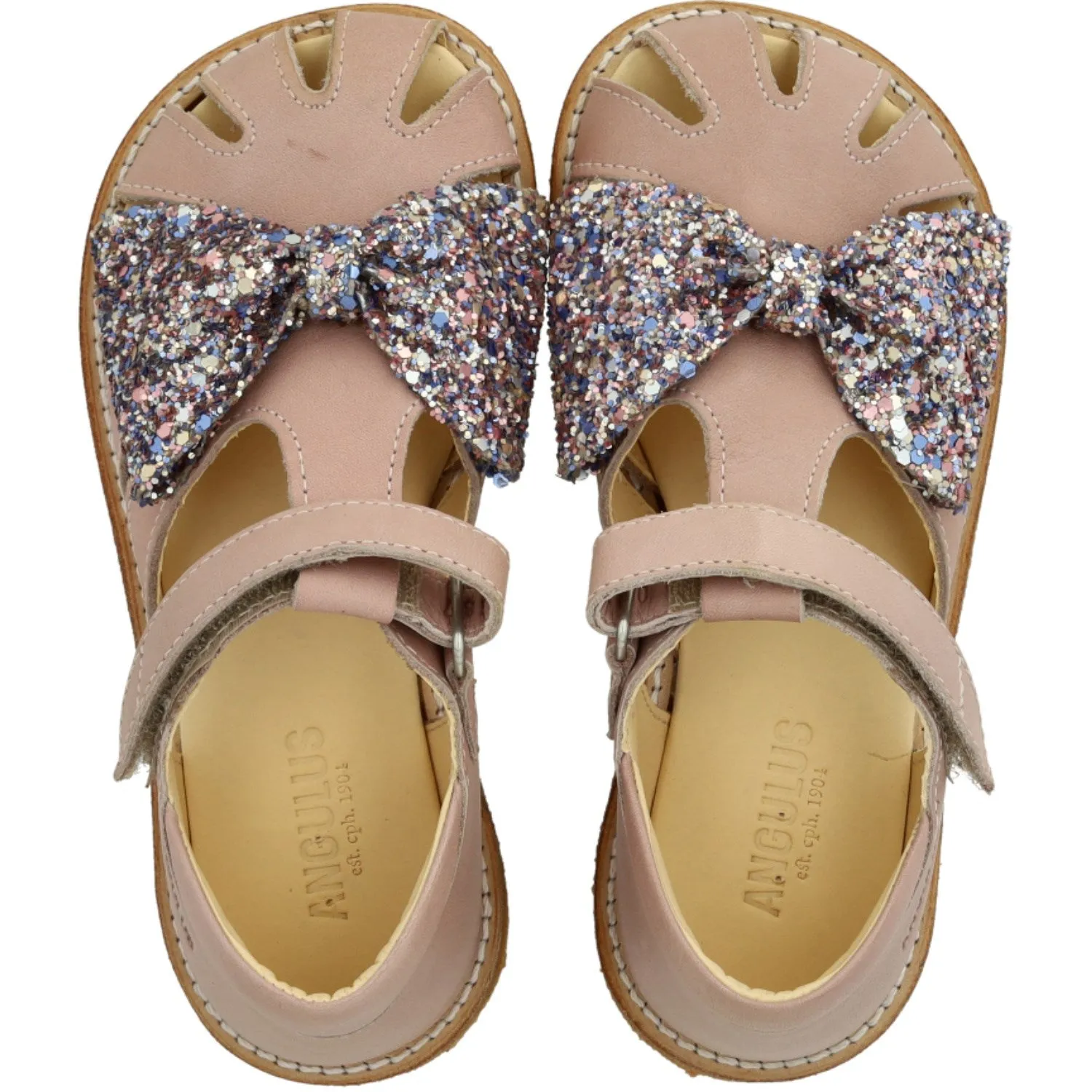 Angulus Rosebud/Pastel mehrfarbig glitzernder Sandalen mit mittlerer Glitzerschleife und Klettverschluss