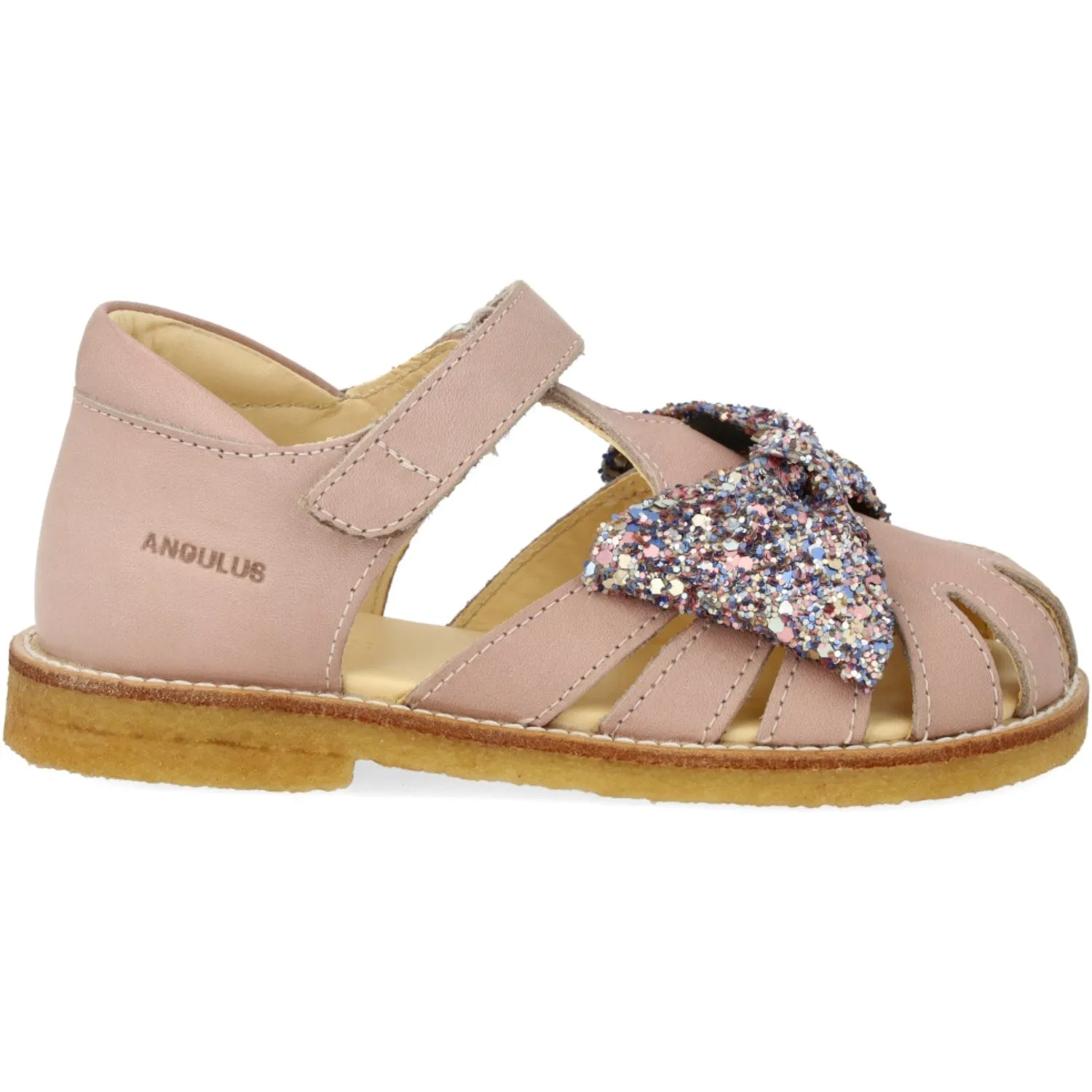 Angulus Rosebud/Pastel mehrfarbig glitzernder Sandalen mit mittlerer Glitzerschleife und Klettverschluss