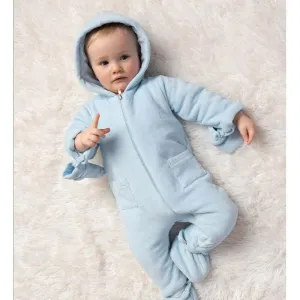 Baby-Jungen Blauer Velours-Schneeanzug mit Stiefelchen und Fäustlingen