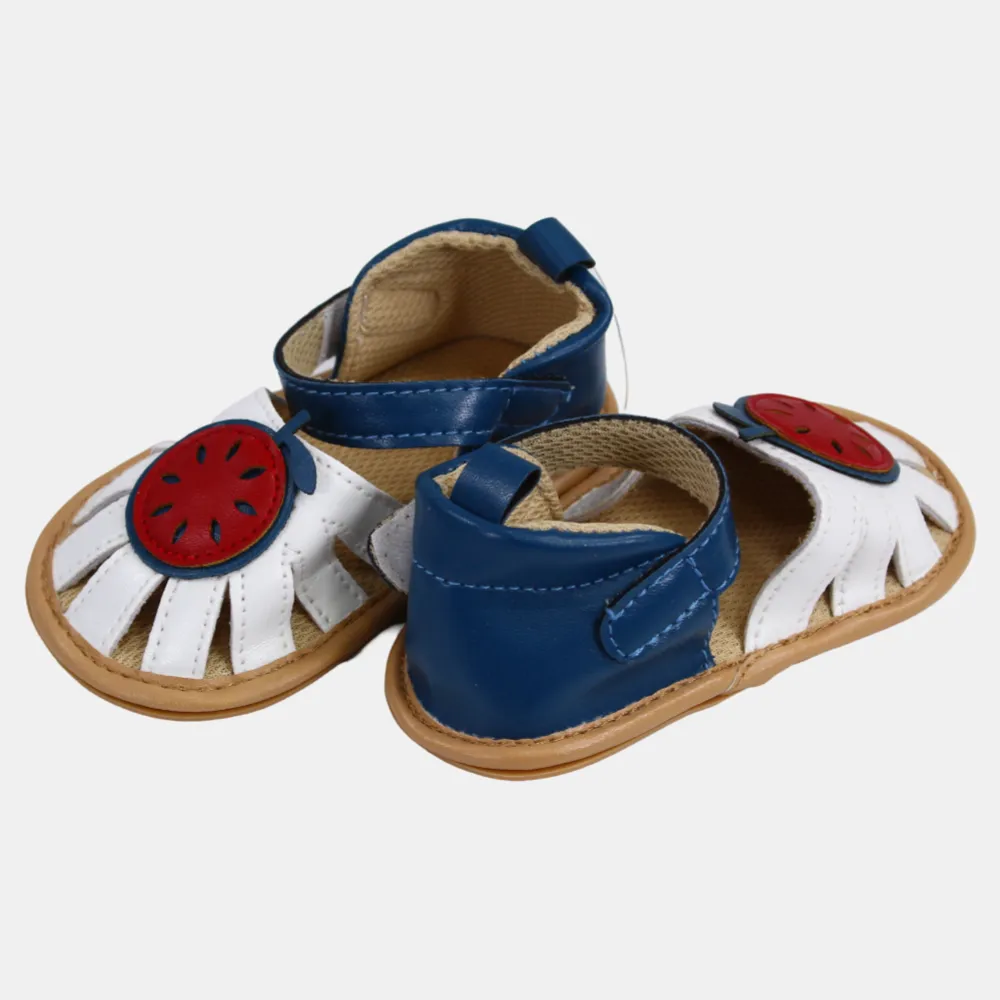 Ledersandalen für Babygirls – Weiß & Marineblau mit Apfel-Design