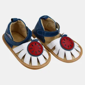Ledersandalen für Babygirls – Weiß & Marineblau mit Apfel-Design