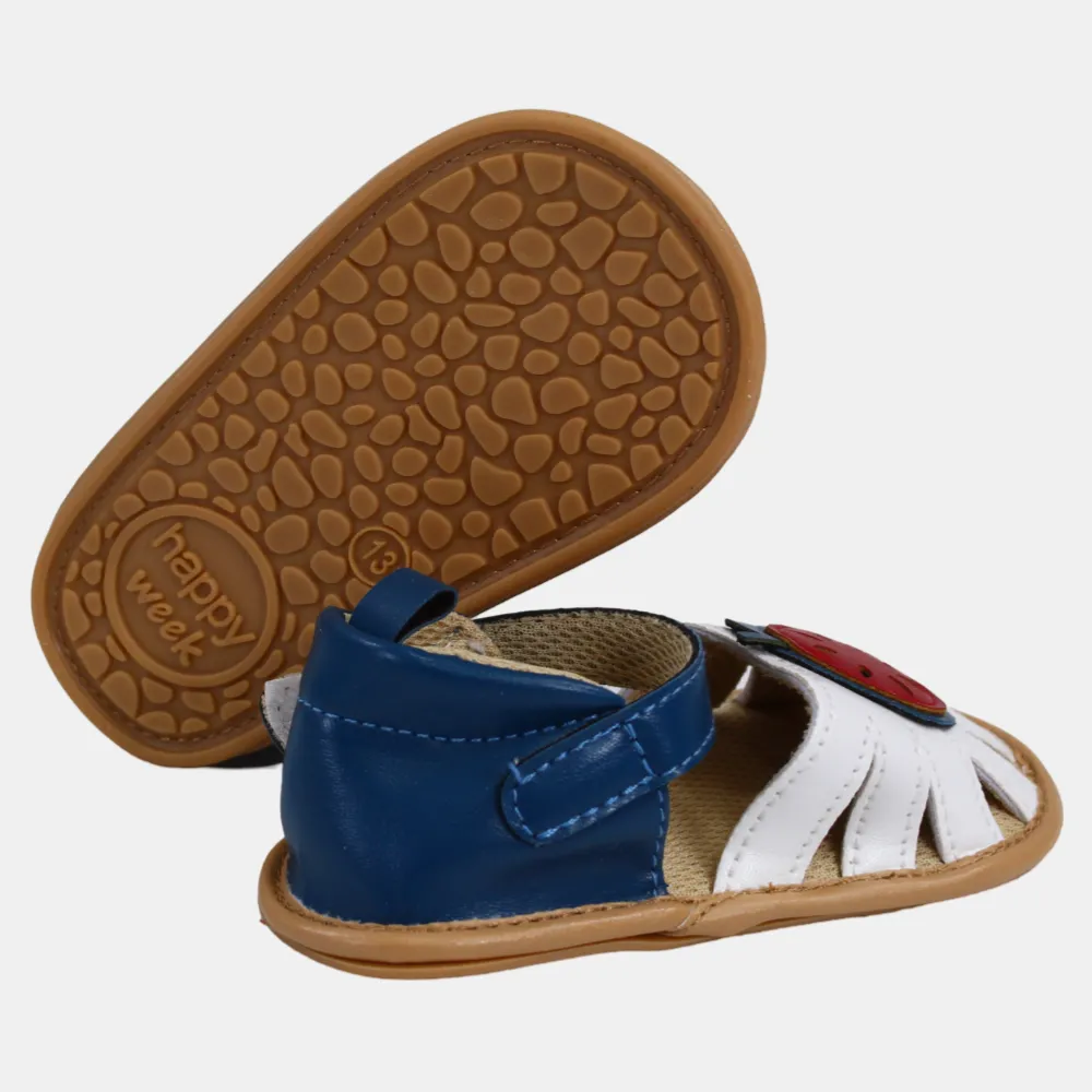 Ledersandalen für Babygirls – Weiß & Marineblau mit Apfel-Design