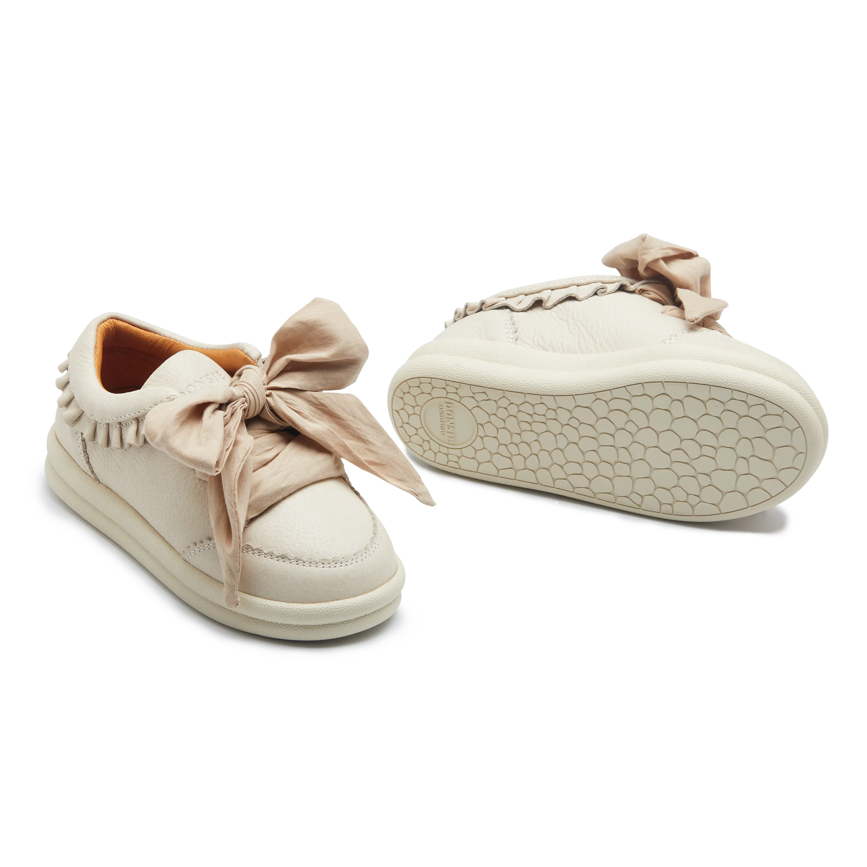 Mädchen Creme Leder Schleifchen Turnschuhe