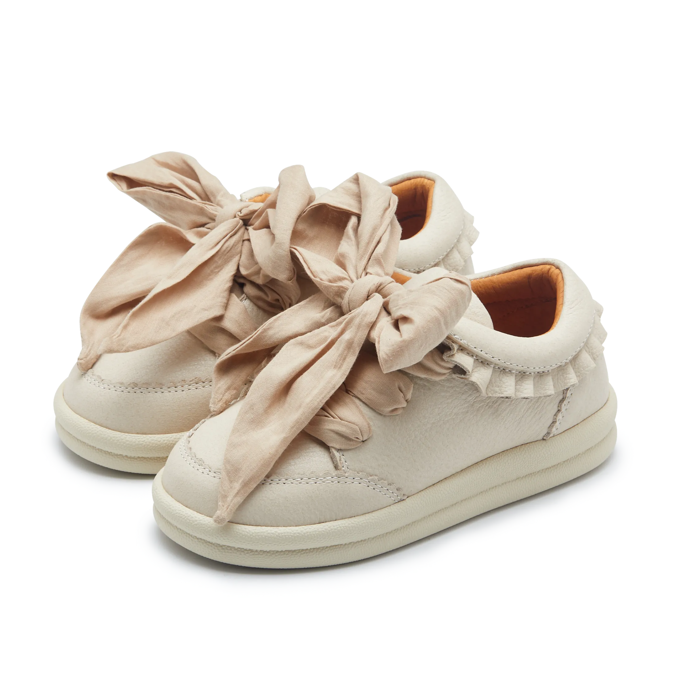 Mädchen Creme Leder Schleifchen Turnschuhe