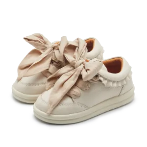 Mädchen Creme Leder Schleifchen Turnschuhe