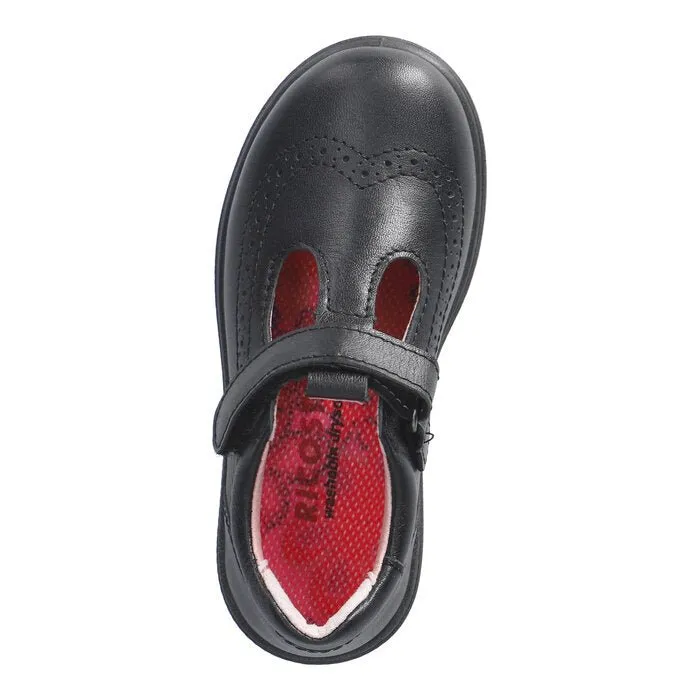 Ricosta: Amanda T-Bar Brogue Schuh für die Schule - Schwarzes Leder