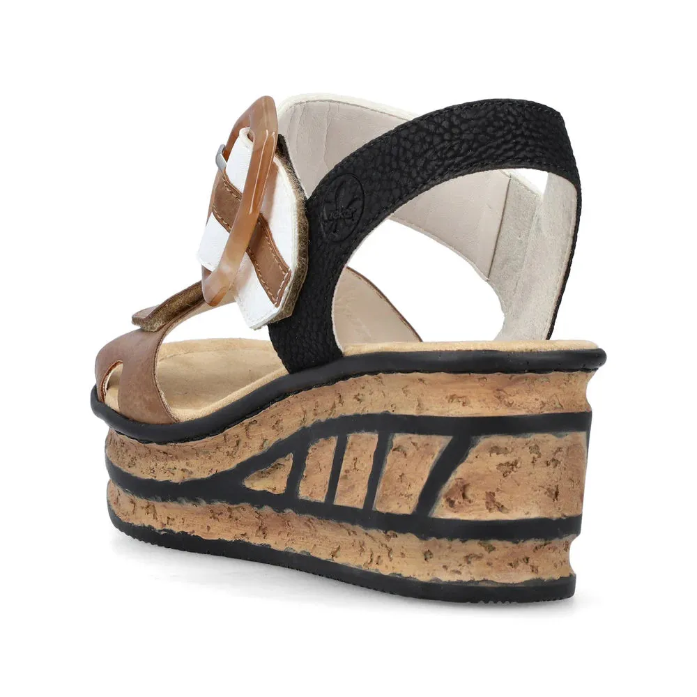 Rieker Damen Rose 76 Riemchensandalette mit Schnalle und Keilabsatz in Weiß/Braun