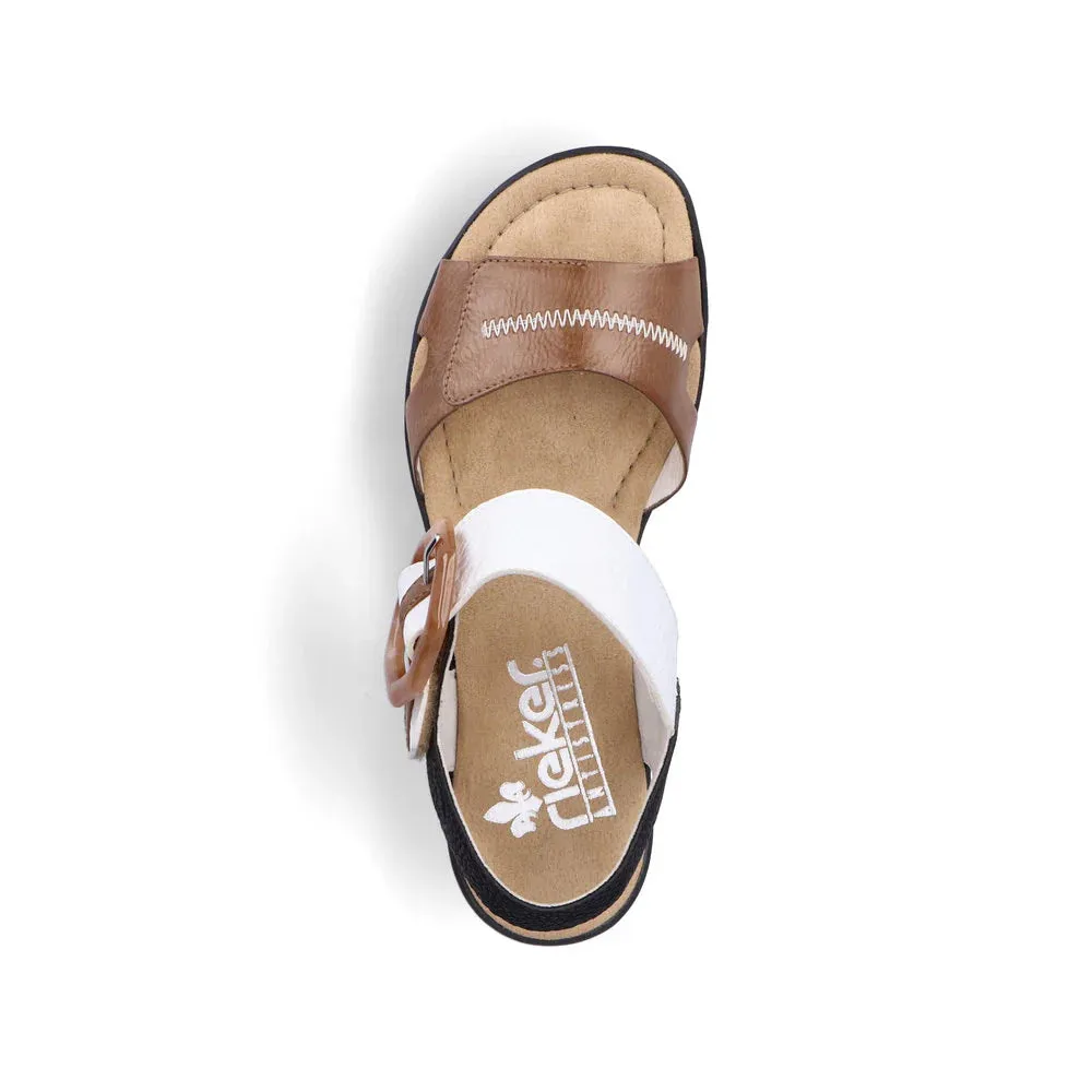 Rieker Damen Rose 76 Riemchensandalette mit Schnalle und Keilabsatz in Weiß/Braun